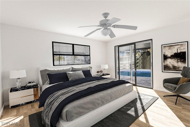 bedroom featuring ceiling fan, access to outside, and light hardwood / wood-style flooring