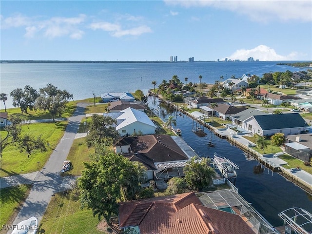 aerial view featuring a water view