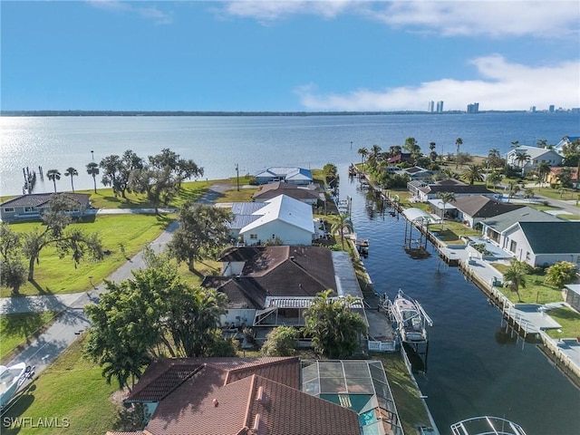 aerial view featuring a water view