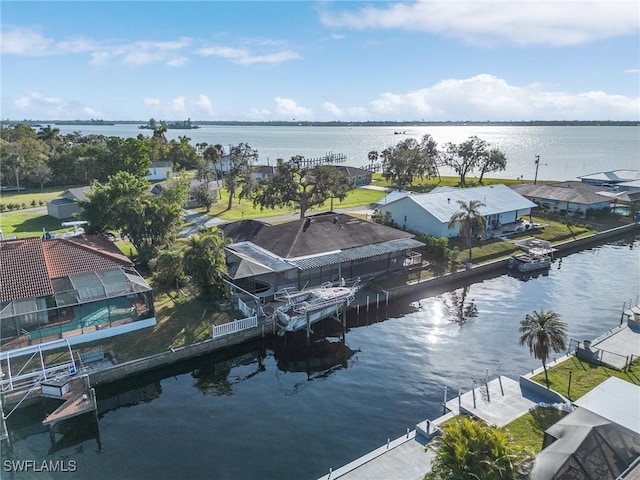 bird's eye view with a water view