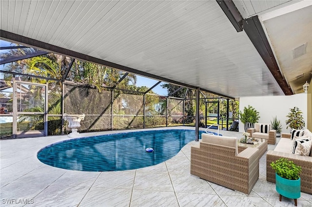 view of swimming pool featuring an outdoor living space, a patio, and glass enclosure