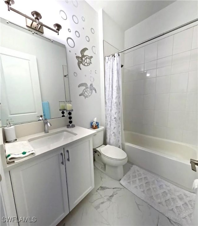 12830 Hawkins Dr, Estero, FL 33928 - full bathroom featuring vanity, shower / bath combo with shower curtain, and marble finish floors