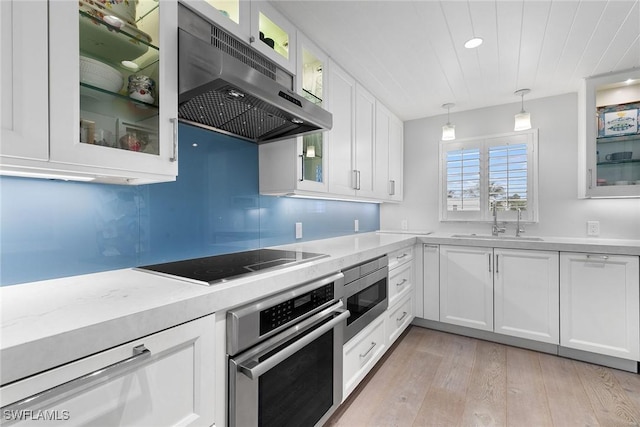 kitchen with pendant lighting, exhaust hood, sink, appliances with stainless steel finishes, and white cabinetry