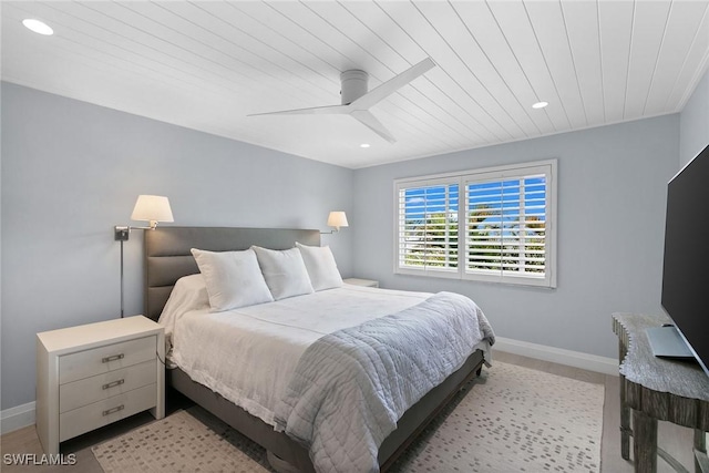 bedroom with ceiling fan and wooden ceiling