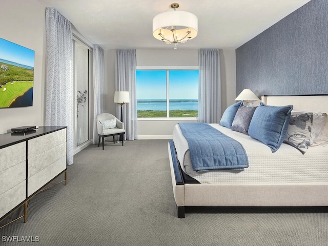 carpeted bedroom with a water view