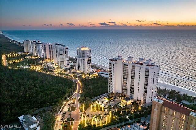 aerial view at dusk with a water view