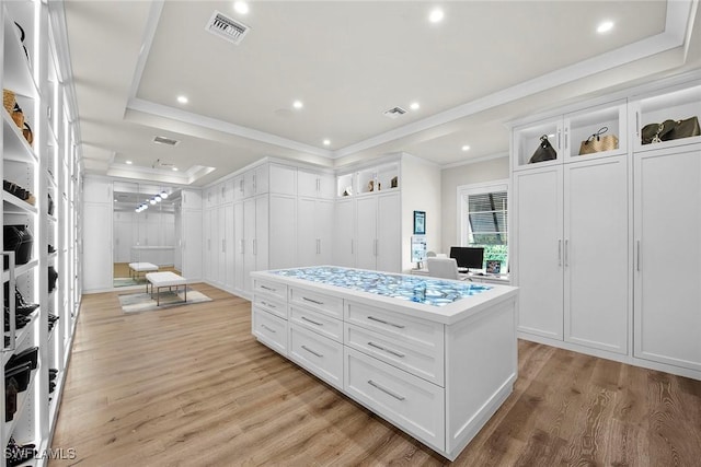 walk in closet with light wood-type flooring and a tray ceiling