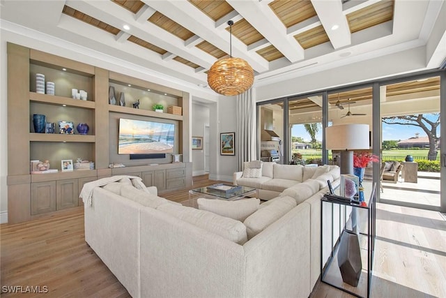 living room with coffered ceiling, light hardwood / wood-style flooring, built in features, beamed ceiling, and wood ceiling