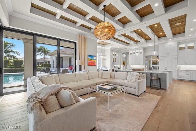 living room featuring beam ceiling, wooden ceiling, and coffered ceiling