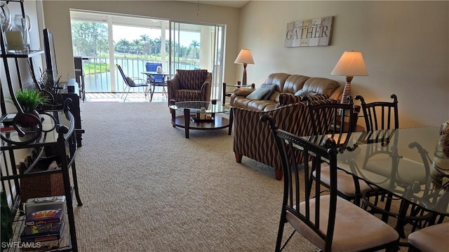 living room featuring light carpet