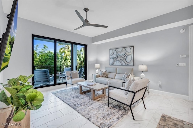 living room featuring ceiling fan