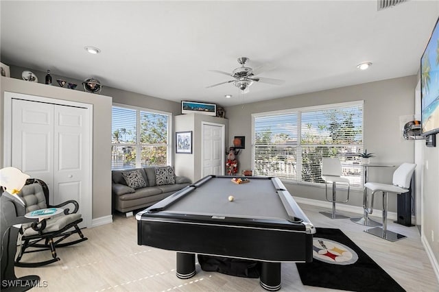 playroom with ceiling fan, plenty of natural light, and billiards