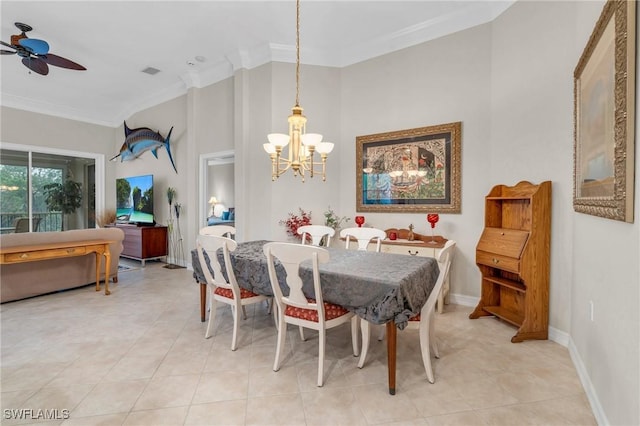 dining space with crown molding, light tile patterned floors, and ceiling fan with notable chandelier