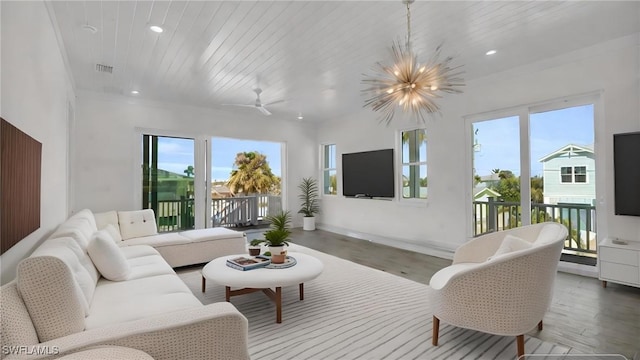 3190 Shell Mound Blvd, Fort Myers Beach, FL 33931 - living room with an inviting chandelier, wood finished floors, visible vents, baseboards, and recessed lighting
