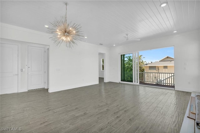 unfurnished living room featuring ceiling fan with notable chandelier, dark hardwood / wood-style flooring, wooden ceiling, and ornamental molding