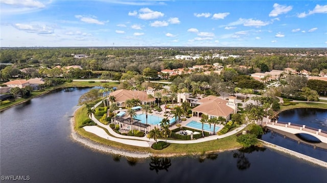 birds eye view of property featuring a water view