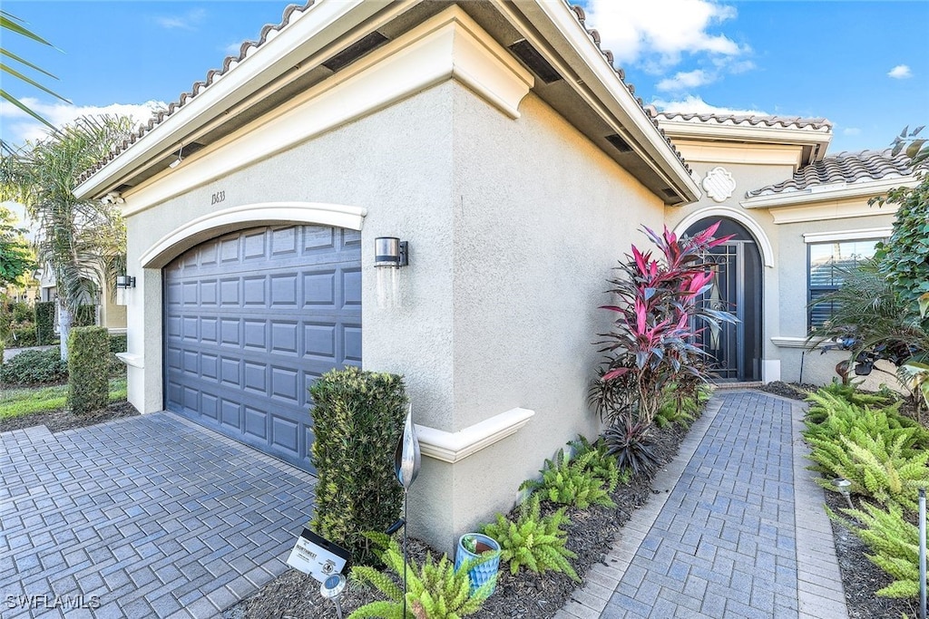 exterior space with a garage