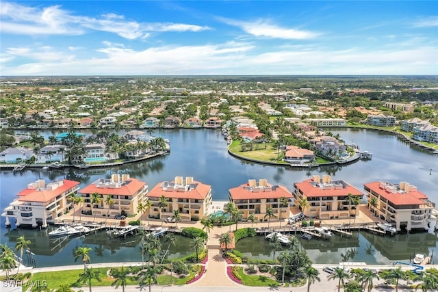 bird's eye view with a water view