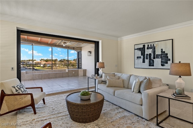 tiled living area with ornamental molding