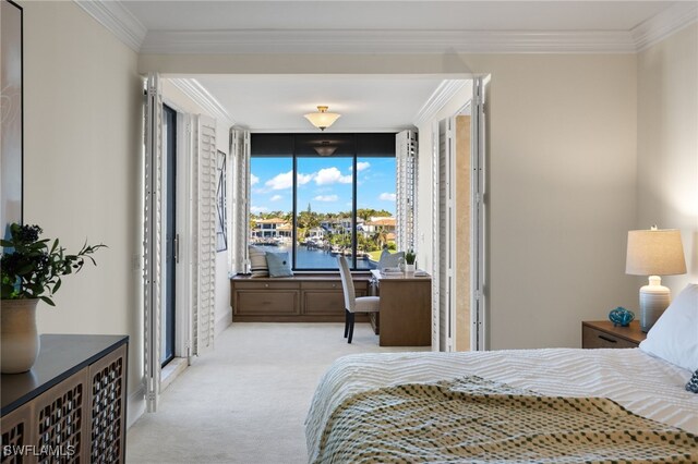 bedroom featuring light carpet, a water view, a wall of windows, and ornamental molding