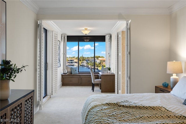 carpeted bedroom featuring a water view and crown molding