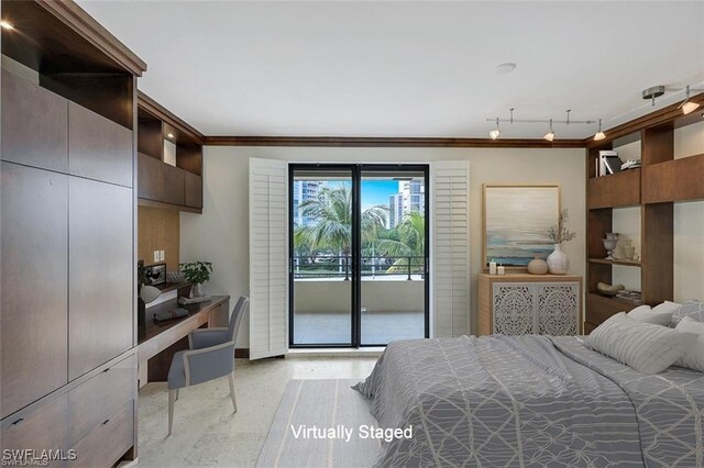 bedroom featuring crown molding and access to outside