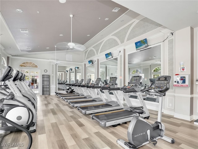 exercise room featuring ceiling fan, lofted ceiling, and light wood-type flooring