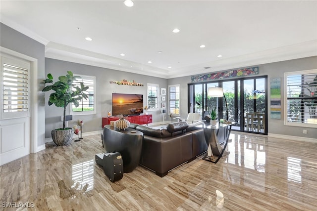 living room featuring ornamental molding