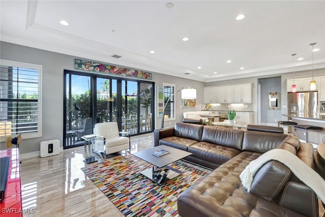 living room featuring a tray ceiling and a wealth of natural light