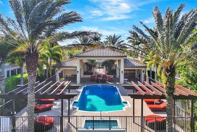 view of pool featuring a gazebo, an outdoor hangout area, and a patio area