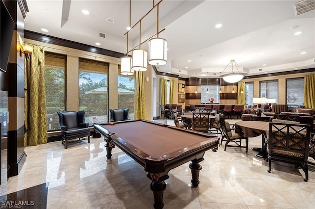1065 Borghese Ln Unit 701, Naples, FL 34114 - game room with a raised ceiling, billiards table, recessed lighting, and marble tiled floors