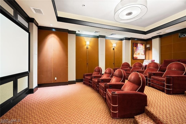1065 Borghese Ln Unit 701, Naples, FL 34114 - carpeted cinema featuring ornamental molding, a raised ceiling, and baseboards
