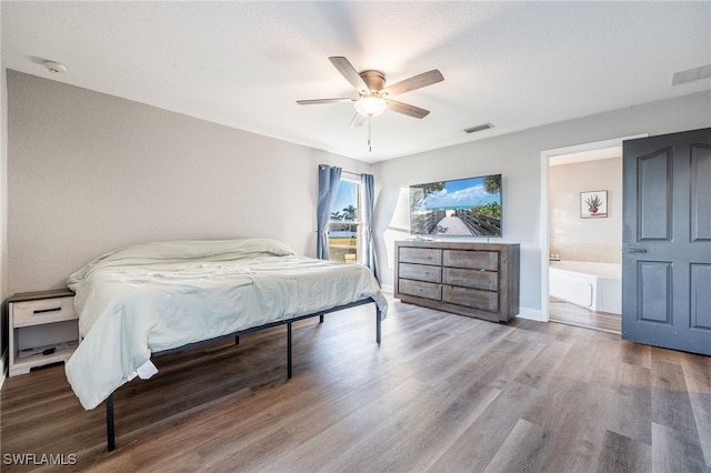 bedroom with ceiling fan and wood-type flooring