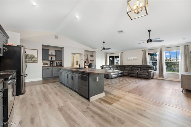 kitchen featuring dishwasher, light hardwood / wood-style flooring, gray cabinetry, and stainless steel electric range