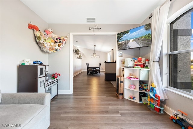 playroom with hardwood / wood-style flooring, plenty of natural light, and vaulted ceiling