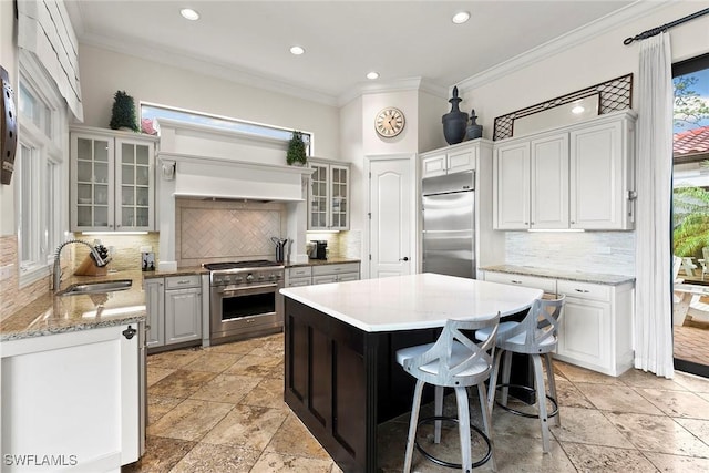 kitchen with white cabinets, high quality appliances, glass insert cabinets, ornamental molding, and a sink