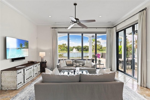 living area with ornamental molding, recessed lighting, and a ceiling fan