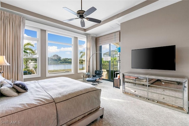 bedroom with carpet floors, a tray ceiling, and a ceiling fan