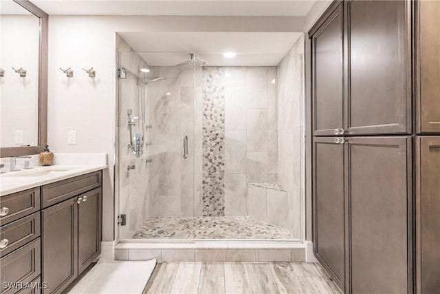 bathroom featuring vanity, wood-type flooring, and a shower with shower door