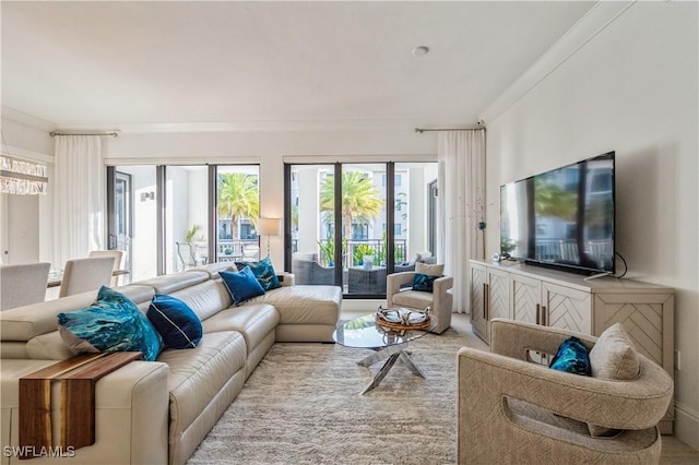 living room with ornamental molding