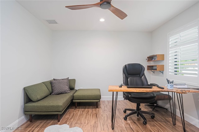 office area featuring hardwood / wood-style floors and ceiling fan