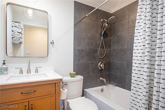 full bathroom featuring shower / bath combo, vanity, and toilet