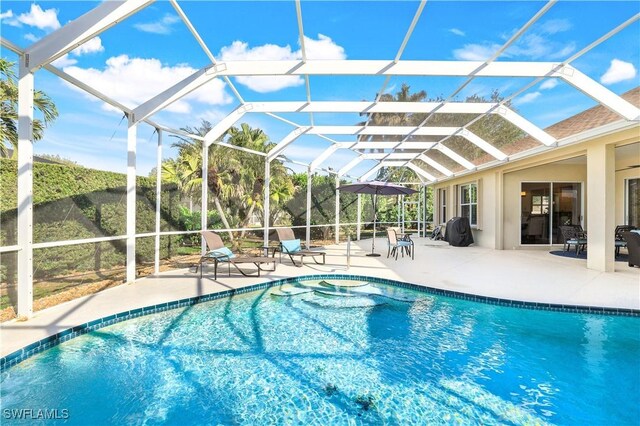 view of pool with a patio area and glass enclosure