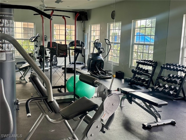 gym featuring a ceiling fan