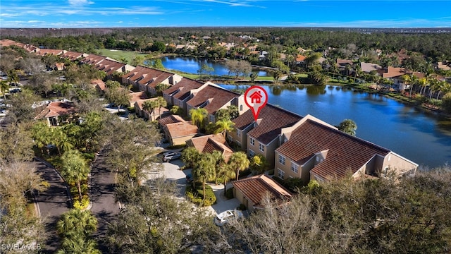 drone / aerial view featuring a water view