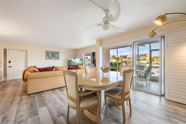 dining space featuring ceiling fan and light hardwood / wood-style floors