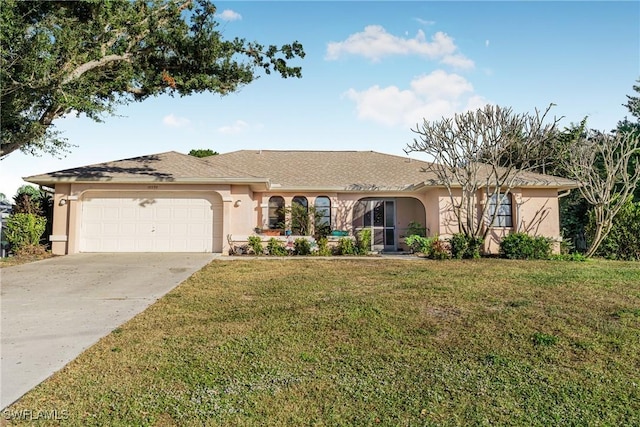 ranch-style home with a front yard and a garage