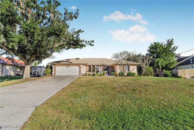 single story home with a garage and a front yard