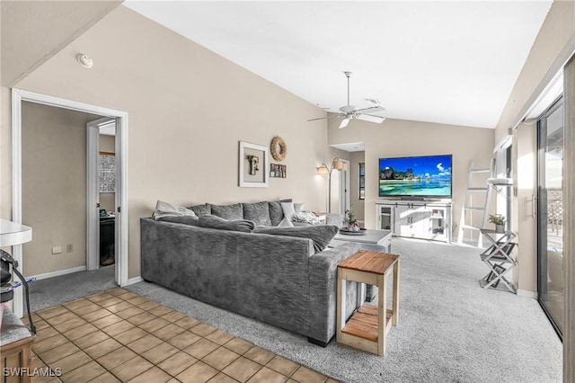 carpeted living room featuring ceiling fan and high vaulted ceiling