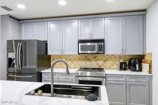 kitchen featuring backsplash, gray cabinets, sink, and stainless steel appliances